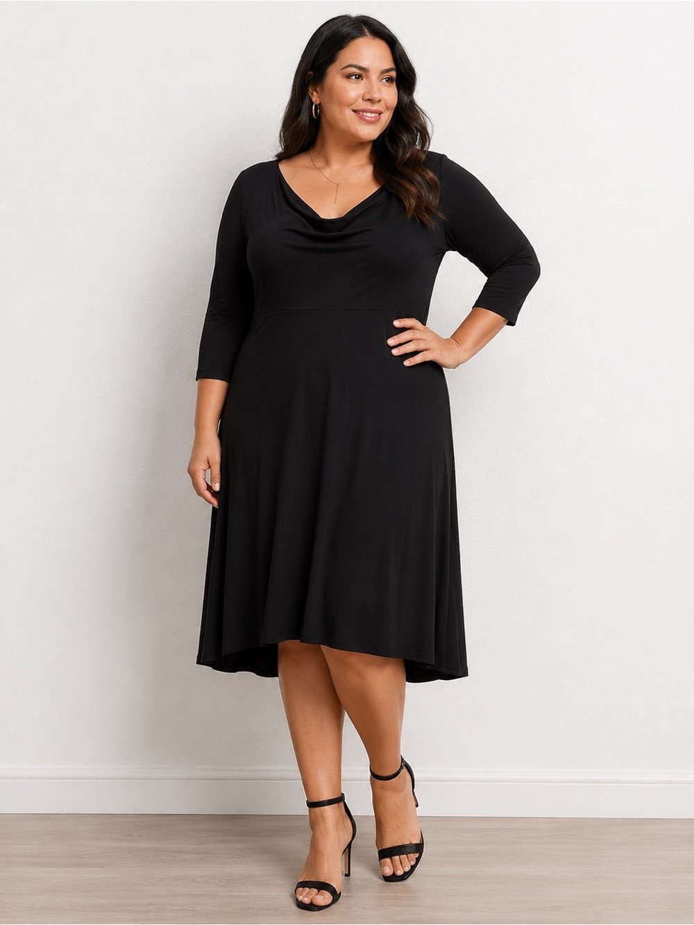 Eileen Fisher Black Midi Dress with Draped Neck‎ L